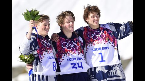 From left, American skiers Gus Kenworthy, Joss Christensen and Nicholas Goepper celebrate after the men's slopestyle competition on February 13. Christensen won gold, Kenworthy won silver and Goepper won bronze for the U.S. sweep.