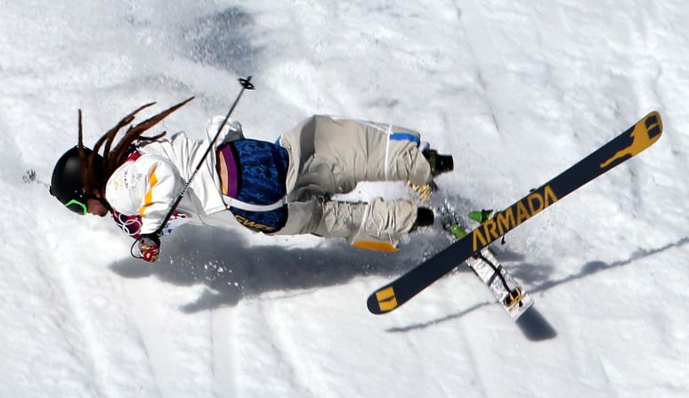 Skier Henrik Harlaut of Sweden falls during the men's slopestyle competition on February 13.