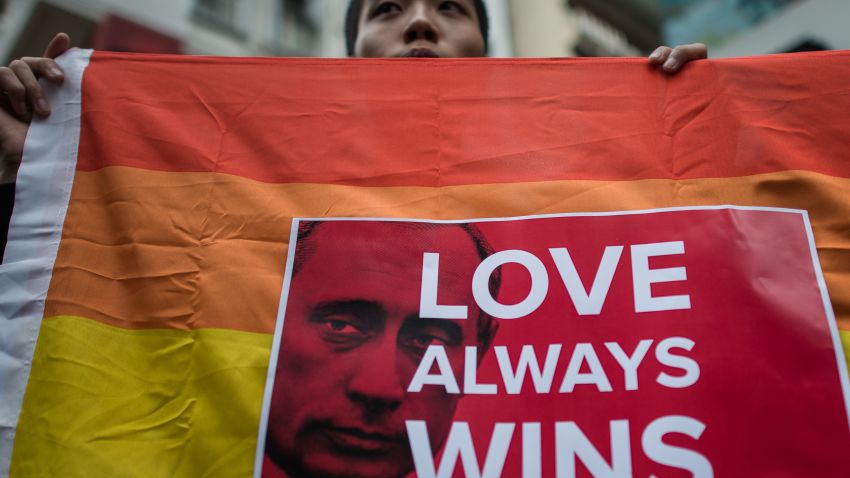 An activist demonstrates against Russia's anti-gay legislation on the day of the opening ceremony the Sochi Winter Olympic Games in Hong Kong on February 7, 2014.