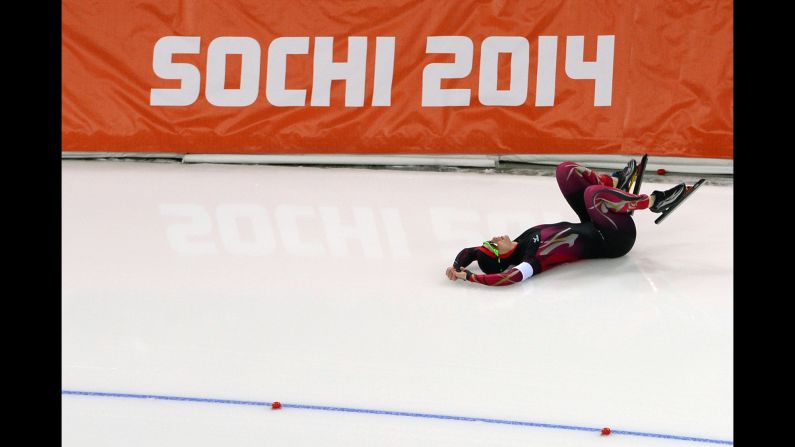 German speedskater Monique Angermueller falls during the women's 1,000 meters.