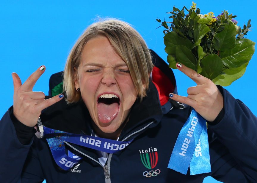 Silver medalist Arianna Fontana of Italy celebrates during the medal ceremony for the 500-meter short track speedskating competition on February 13.