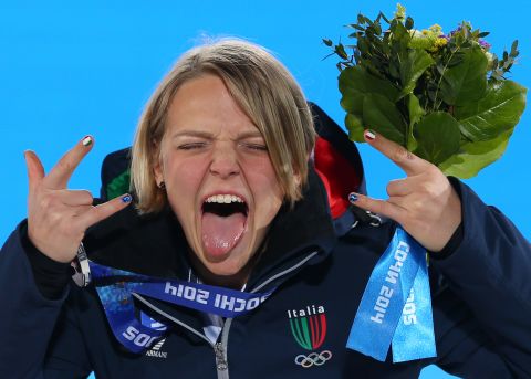 Silver medalist Arianna Fontana of Italy celebrates during the medal ceremony for the 500-meter short track speedskating competition on February 13.