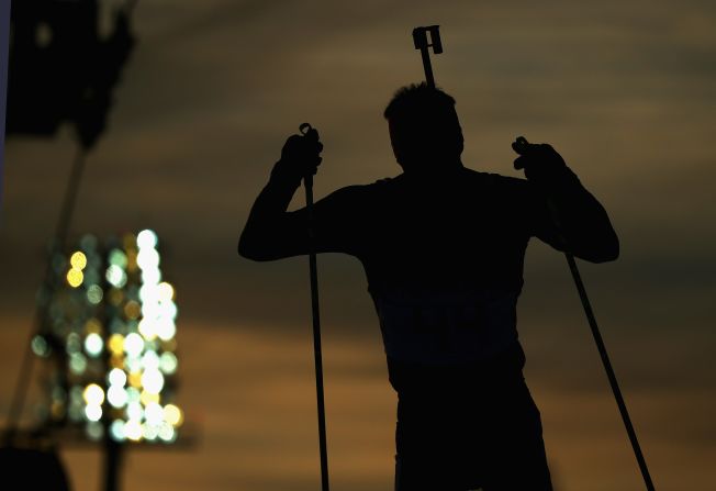 Sergey Novikov of Belarus competes in the men's 20-kilometer biathlon on February 13.