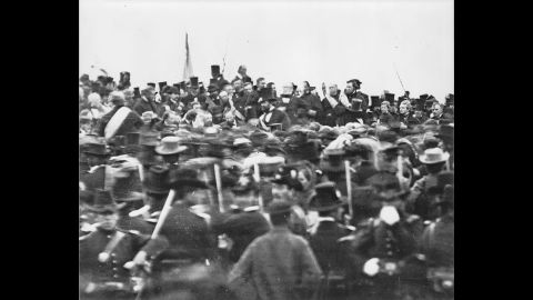 President Lincoln is seen in the distance as he arrives at Gettysburg, Pennsylvania, on November 19, 1863, to  dedicate the Soldiers' National Cemetery. It was 4 1/2 months after the Union armies defeated those of the Confederacy at the Battle of Gettysburg when he delivered his magnificent Gettysburg Address.