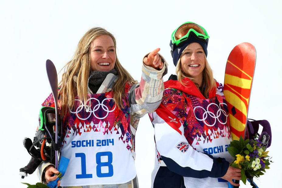 The American's professionalism was rewarded with gold in the inaugural slopestyle event. Anderson is pictured left celebrating with British bronze medalist Jenny Jones.