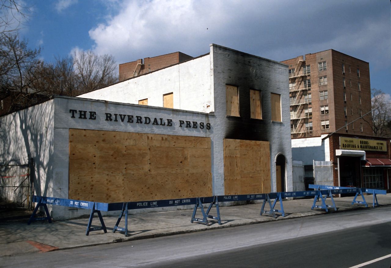The Riverdale Press office was firebombed on February 28, 1989, in the Riverdale section of the Bronx in New York. The bombing took place shortly after the newspaper published an editorial that supported the public's right to read "The Satanic Verses."