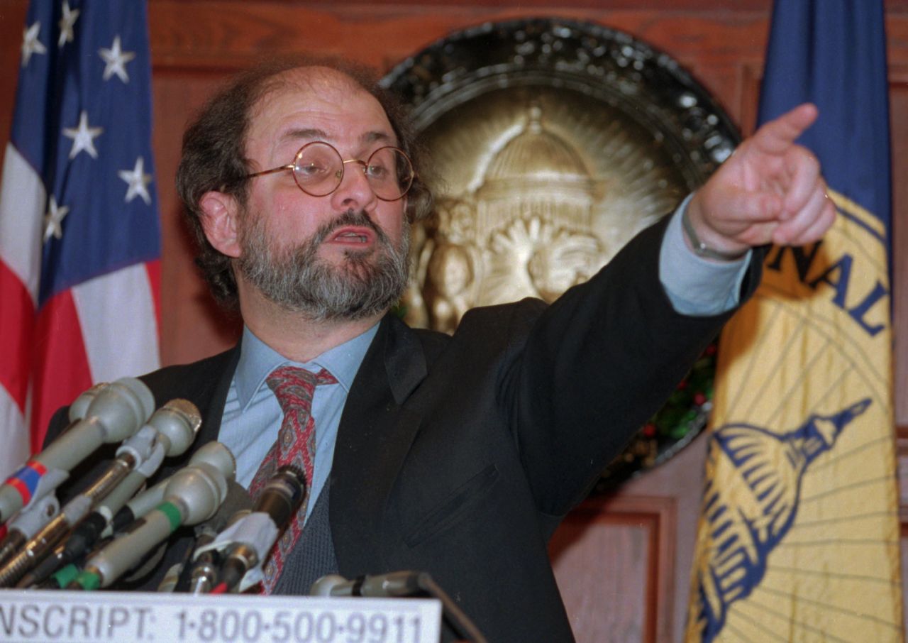 Rushdie answers questions on November 24, 1993, during a news conference at the National Press Club in Washington. Later that day, Rushdie met with President Bill Clinton.
