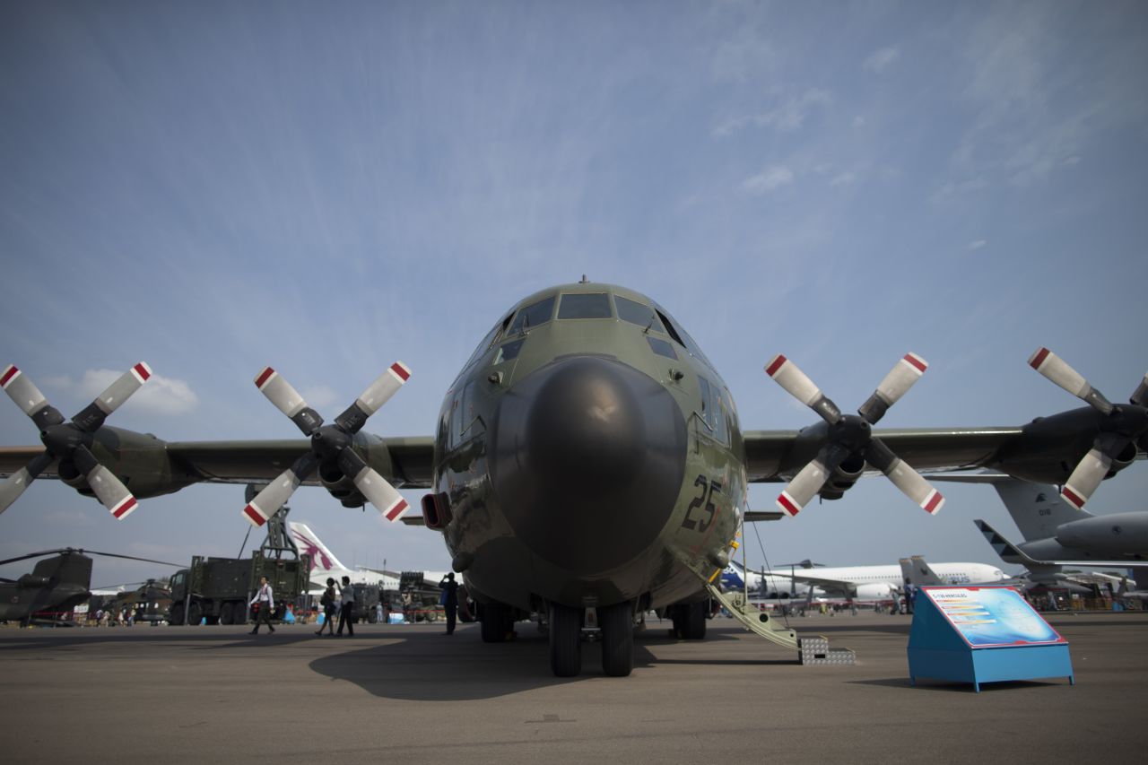 A Republic of Singapore Air Force C-130 Hercules military aircraft stands on display on  February 12.