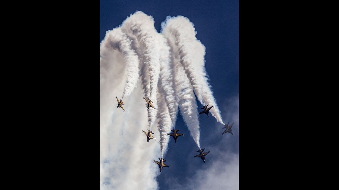 The South Korea Air Force Black Eagles aerobatic team performs during the Singapore Airshow on February 13.