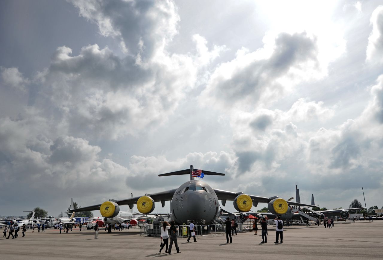 A USAF C-17 Globemaster III is presented on Friday, February 14, at the Singapore Airshow. The air show takes place from February 11-16.