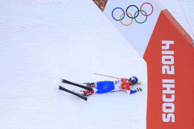 French skier Alexis Pinturault crashes out during the men's super-combined event on February 14.