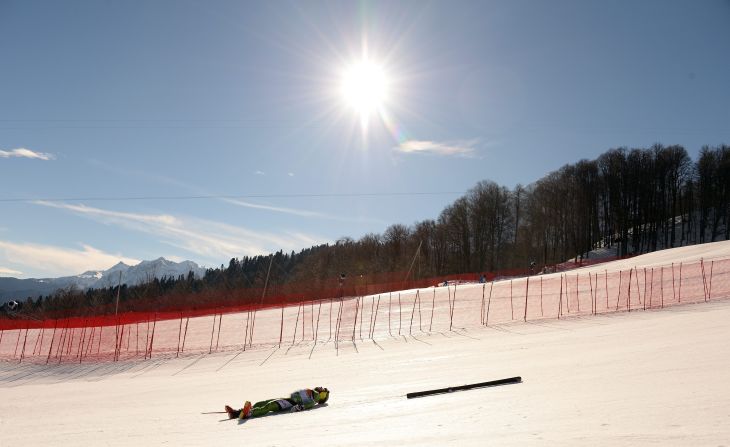 Yuri Danilochkin of Belarus crashed during the downhill portion of the men's super-combined event February 14.