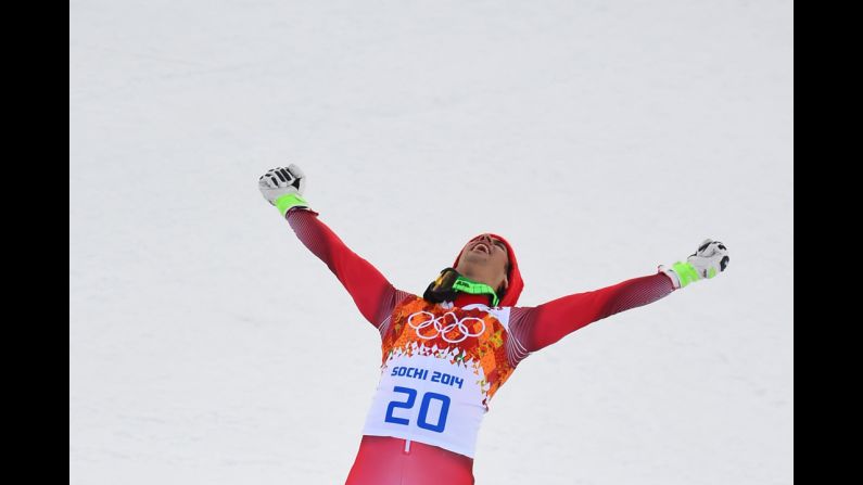 Swiss skier Sandro Viletta celebrates after winning a gold medal in the men's super-combined event on February 14.
