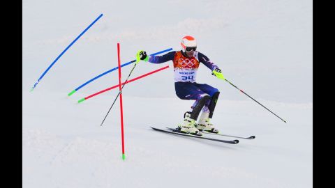 U.S. skier Bode Miller competes in the slalom portion of the men's super-combined on February 14.