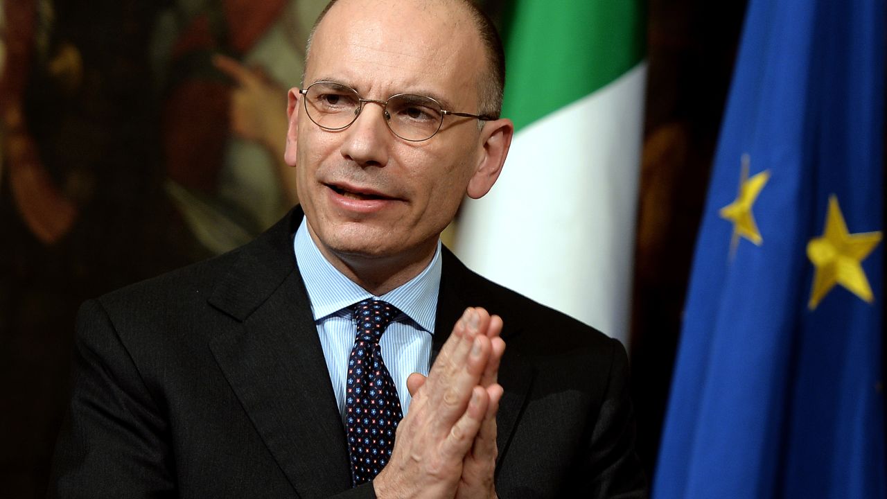 Italian Prime Minister Enrico Letta gives a press conference to present a document called 'Italy commitment' with his proposals in Rome's Palazzo Chigi Palace government office on February 12, 2014.