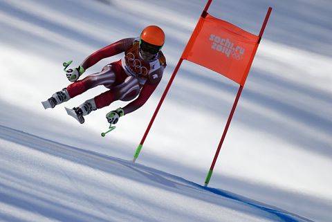 Swiss skier Sandro Viletta competes in the downhill portion of the men's super-combined event on February 14.