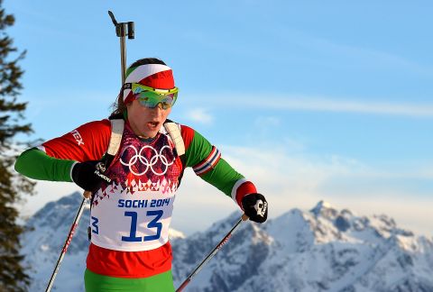 Belarus' Darya Domracheva competes in the women's 15-kilometer biathlon on February 14.
