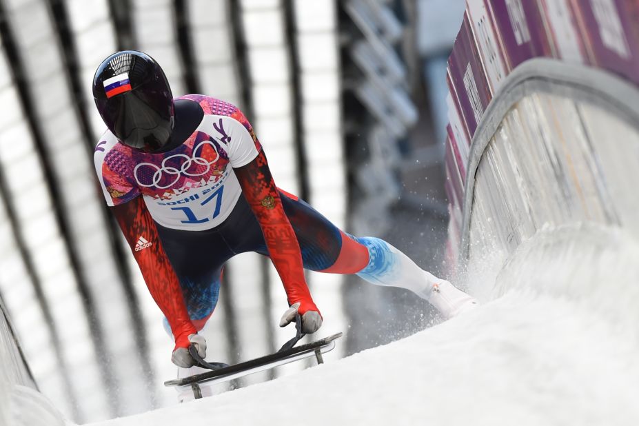 Russia's Nikita Tregybov brakes after a run in the men's skeleton on February 14.