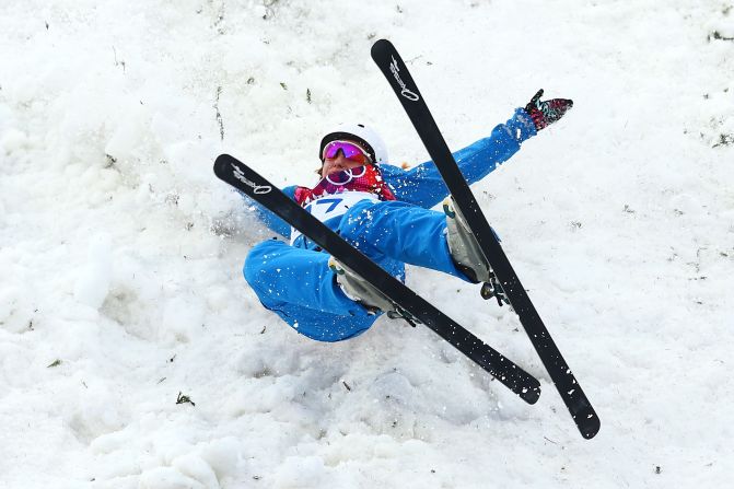 Hanna Huskova of Belarus crashes out in women's aerials.