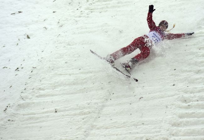 Russia's Alexandra Orlova crashes during the women's aerials.