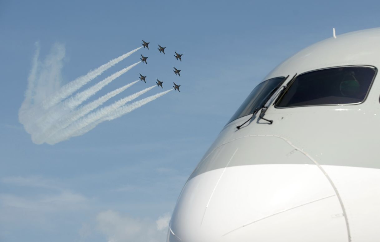 Black Eagles in the background, Airbus A380 nosing in. Airbus received 20 orders for the flagship superjumbo.