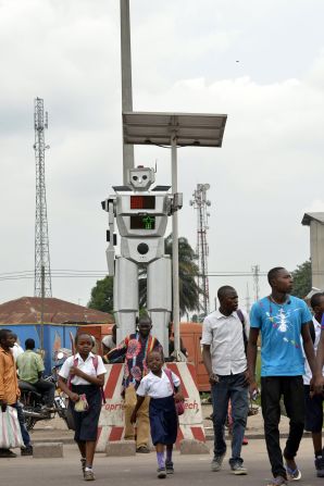 The humanoids are also programmed to speak, telling pedestrians when they can cross the road or not.