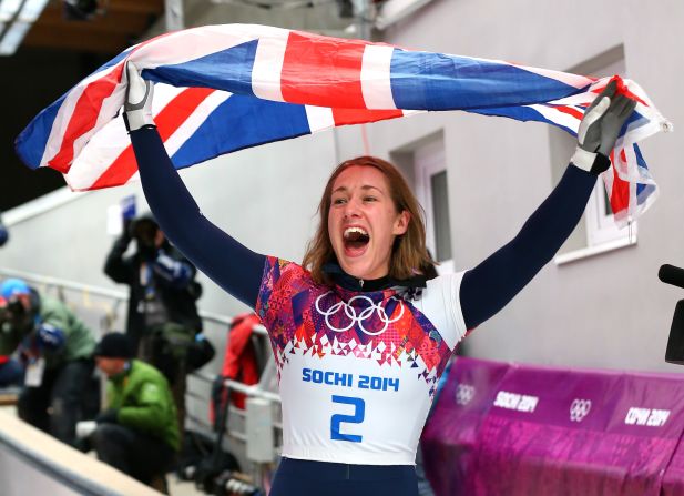 Lizzy Yarnold of Great Britain celebrates winning the gold medal in skeleton on February 14.