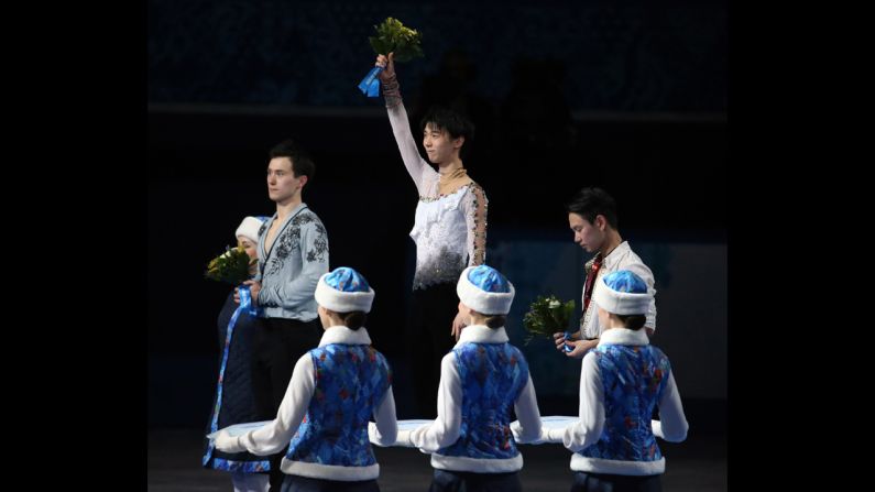 Yuzuru Hanyu of Japan celebrates after winning the gold medal in men's figure skating on February 14.