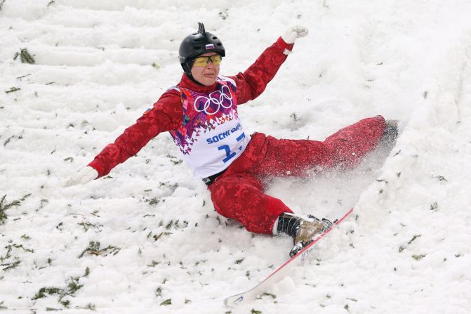 Assoli Slivets of Belarus crashes in the women's aerials on February 14.