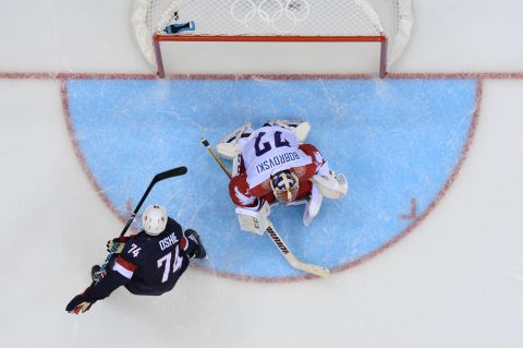T.J. Oshie of the United States scores a shootout goal during the men's hockey game against Russia on February 15. 