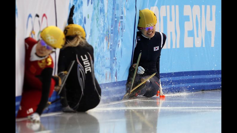 South Korea's Kim Alang falls as she competes in the final of the 1,500-meter short track speedskating event on February 15.