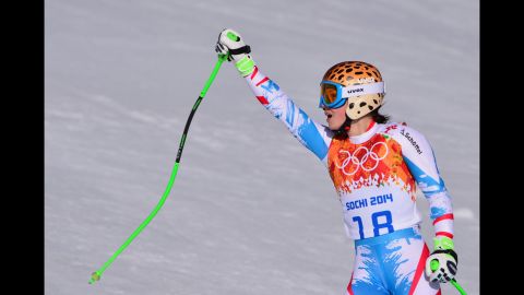 Austrian skier Anna Fenninger reacts after her run in the super-G on February 15.