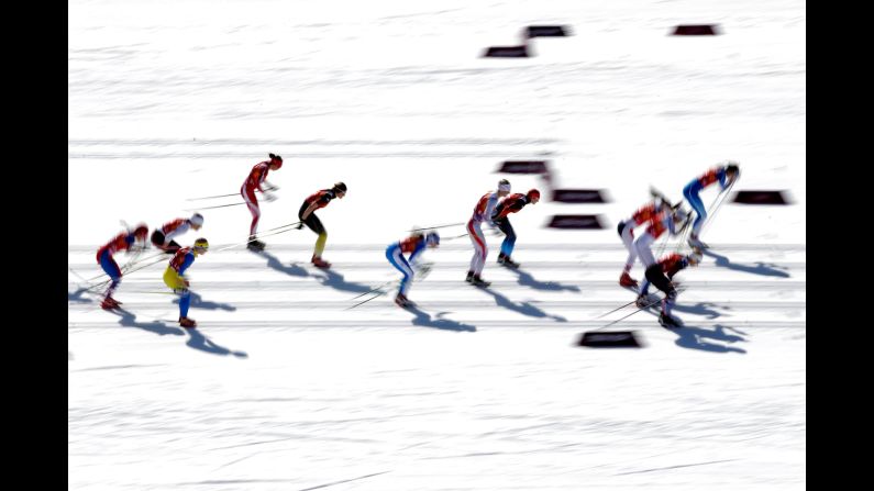 Skiers start the women's cross-country relay on February 15. 