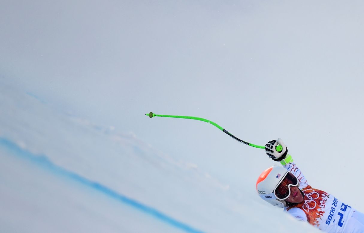U.S. skier Stacey Cook falls during the women's super-G on February 15.