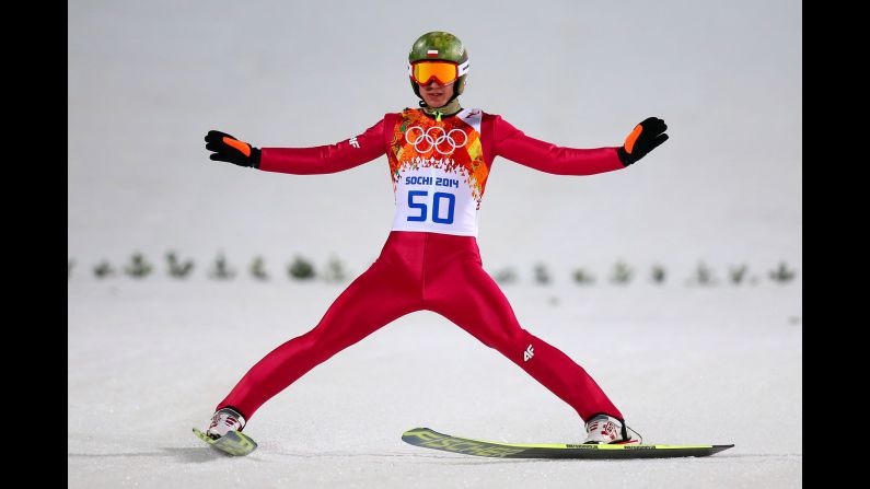 Kamil Stoch of Poland lands his jump during the men's large hill ski jumping event on February 15.