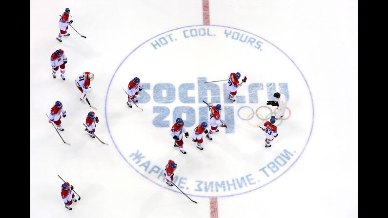 The Czech men's hockey team skates on the ice after being defeated 1-0 by Switzerland on February 15.
