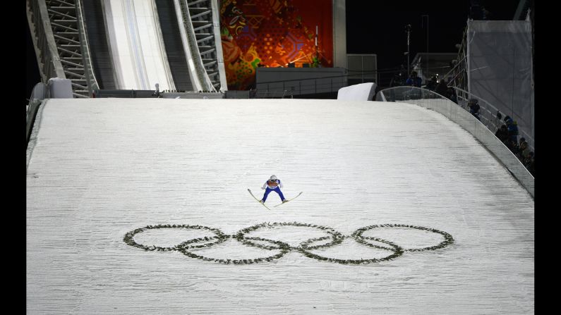 Japan's Daiki Ito reaches the finish area during the first round of the men's large hill ski jumping event on February 15.