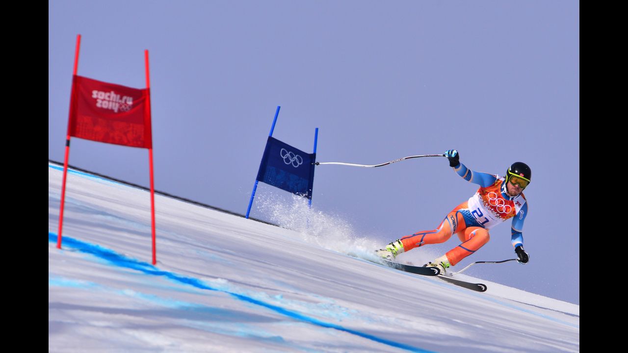 Norway's Kjetil Jansrud skis in the men's super-G on February 16.