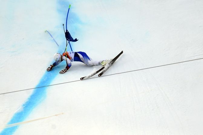 Danish skier Christoffer Faarup crashes during the men's super-G on February 16.