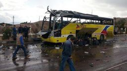 A picture taken on February 16, 2014 show the wreckage of a tourist bus at the site of a bomb explosion in the Egyptian south Sinai resort town of Taba. A bomb tore through a bus carrying sightseers near an Egyptian resort town bordering Israel, police officials said. AFP PHOTO / STR-/AFP/Getty Images
Credit: 	AFP/Getty Images