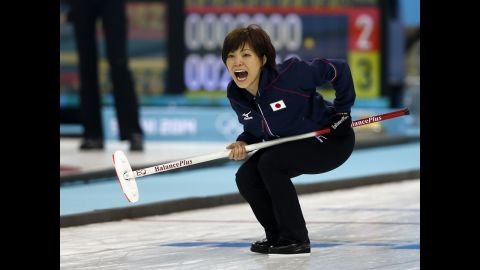 Japan skip Ayumi Ogasawara reacts to a throw during the women's curling match against Switzerland on February 16.