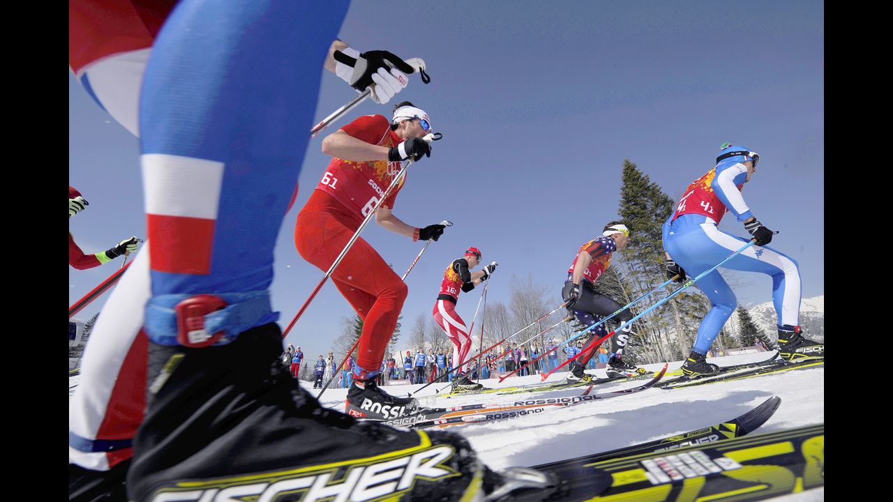Skiers compete in the men's cross-country relay on February 16.