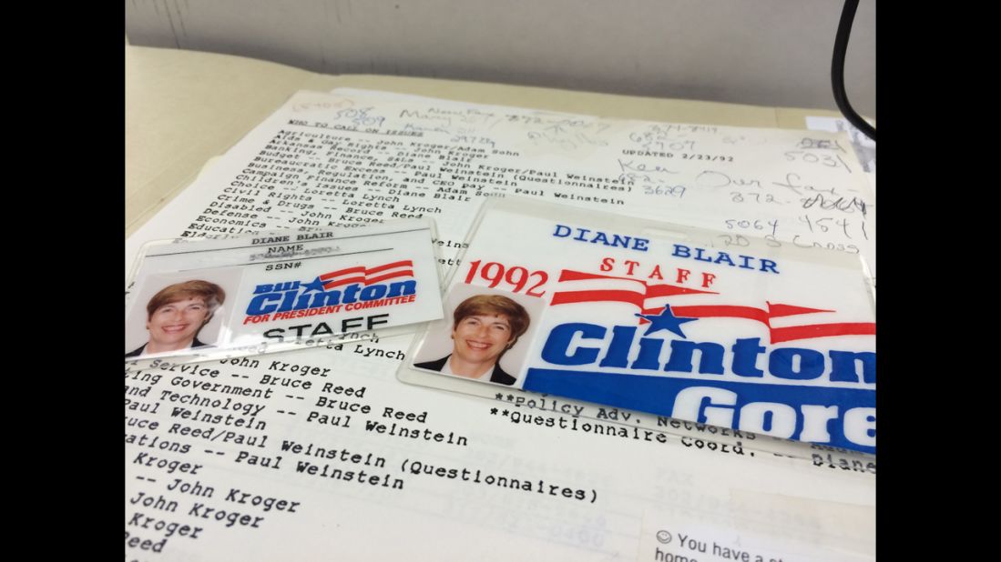 Blair was listed as the campaign staffer to speak about children's issues, Clinton's Arkansas record and education. Here are her 1992 campaign ID cards.