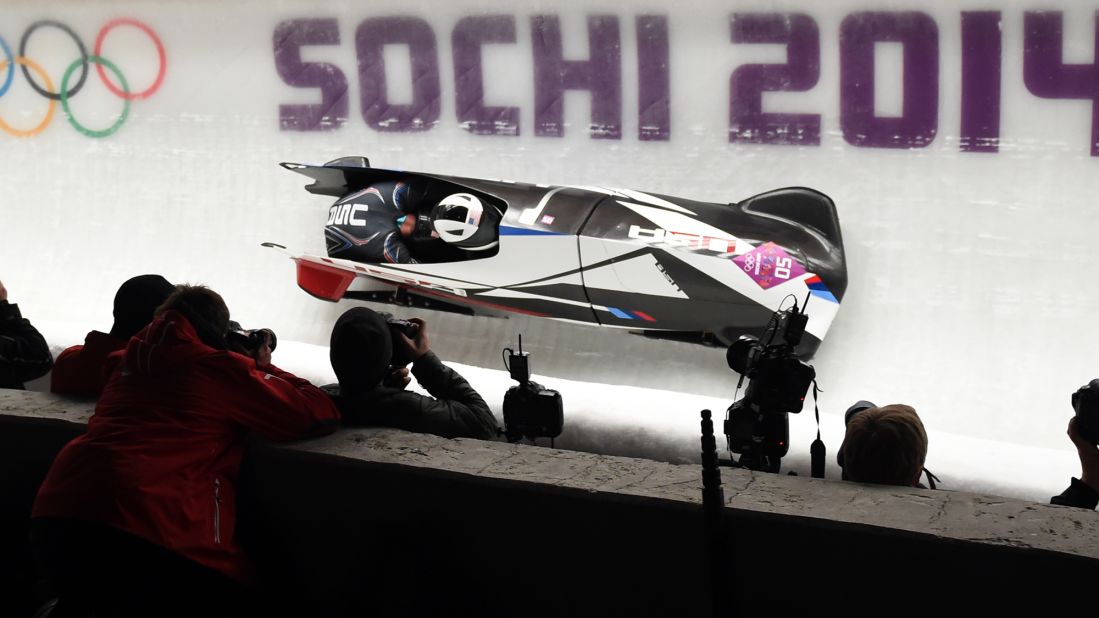 Cory Butner steers an American bobsled with Chris Fogt along for the ride on February 16. 