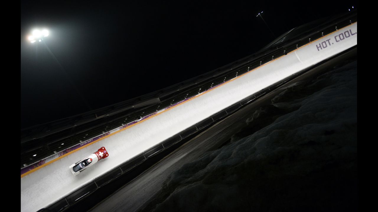 Switzerland's Rico Peter and Juerg Egger race in the bobsled event February 16. 