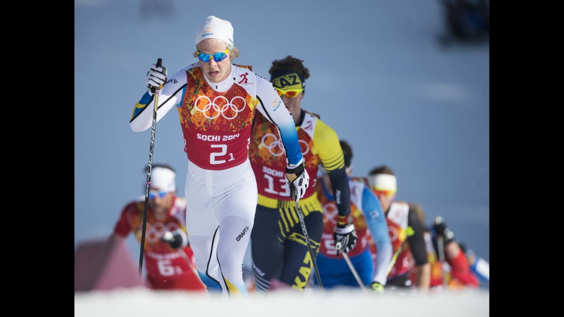 Lars Nelson of Sweden leads the way to gold in the men's cross-country relay February 16. 