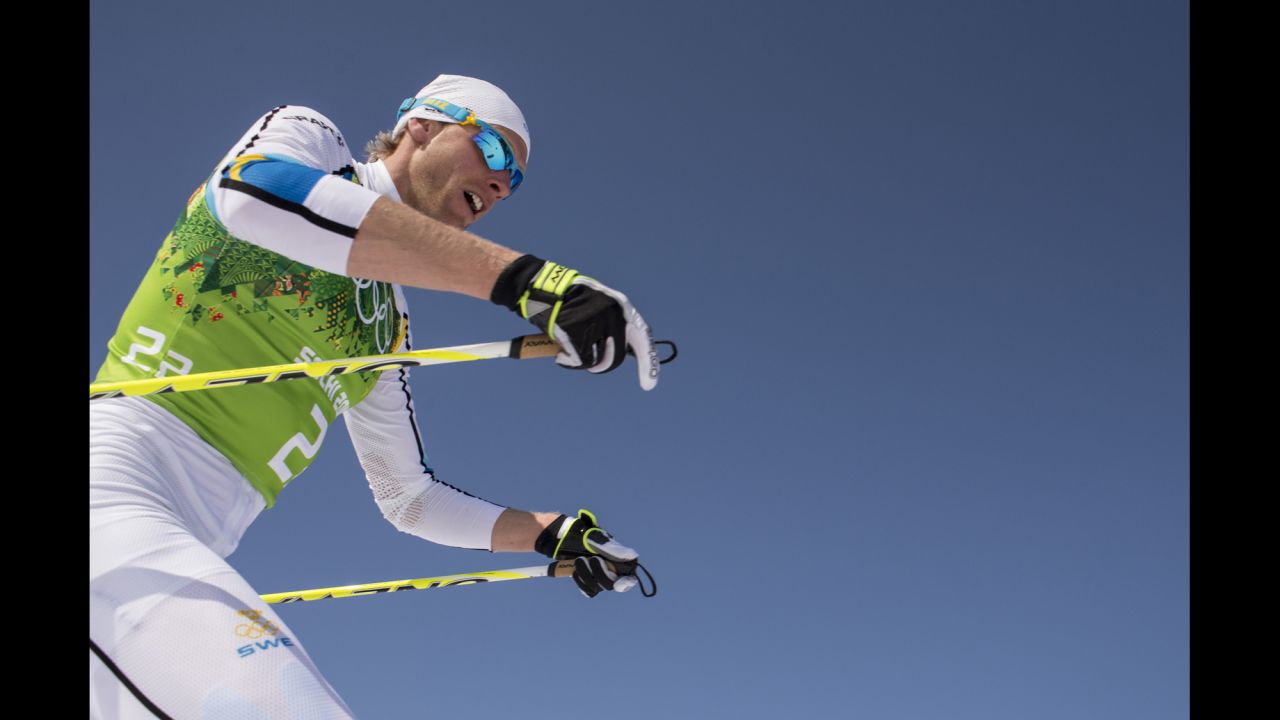 Sweden's Johan Olsson skis during the men's cross-country relay.