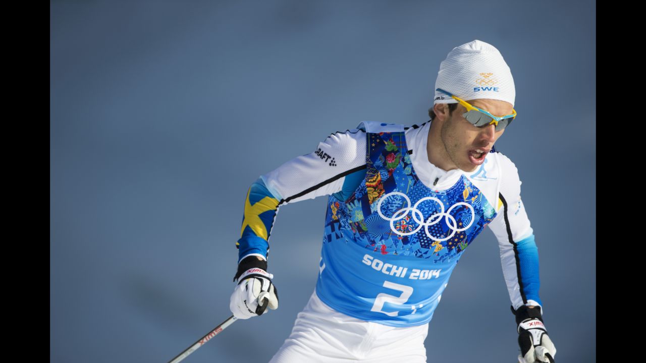 Marcus Hellner of Sweden skis in the relay.