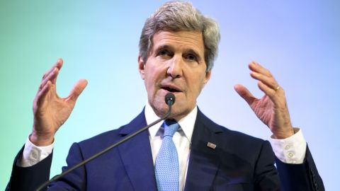 U.S. Secretary of State John Kerry gestures during a speech on climate change in Jakarta, Indonesia.