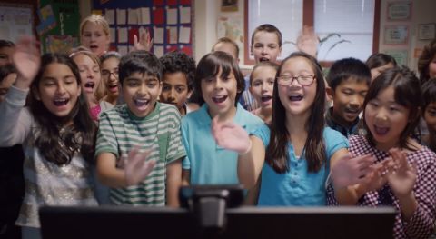 Scott Bedley's fifth-graders from Plaza Vista School in Irvine, California, appear in Microsoft's Super Bowl ad while participating in Mystery Skype. The class is hoping to meet with students from all 50 states through the geography learning game.
